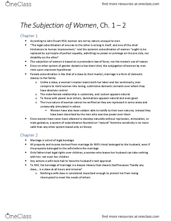 GVPT 241 Chapter Notes - Chapter Ch 1 - 2: The Subjection of Women: John Stuart Mill thumbnail